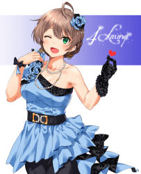 Rule 34 | absurdres, ahoge, bare shoulders, brown hair, earrings, gloves, green eyes, hair ornament, highres, idolmaster, idolmaster million live!, jewelry, necklace, one eye closed, open mouth, pearl necklace, sakuramori kaori, single glove, smile, solo