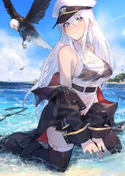 Rule 34 | 1girl, azur lane, bald eagle, bare shoulders, belt, bird, black belt, black bra, black coat, black necktie, blue sky, blush, bra, breasts, cloud, cloudy sky, coat, collared shirt, commentary request, contrail, day, eagle, enterprise (azur lane), hat, highres, horizon, kneeling, large breasts, mephisto (angraecum), military, military hat, miniskirt, necktie, ocean, open clothes, open coat, outdoors, partially submerged, peaked cap, purple eyes, see-through, shirt, silver hair, skirt, sky, sleeveless, sleeveless shirt, solo, thighhighs, underbust, underwear, water, wet, wet clothes, white hat