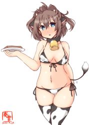 Rule 34 | 1girl, alternate costume, animal ears, animal print, artist logo, bell, bikini, blue eyes, blush, breasts, brown hair, commentary request, covered erect nipples, cow ears, cow horns, cow print, cow tail, cowbell, cowboy shot, dated, fake animal ears, fake horns, highres, horns, kanon (kurogane knights), kantai collection, long hair, looking at viewer, medium breasts, messy hair, one-hour drawing challenge, sheffield (kancolle), side-tie bikini bottom, simple background, solo, swimsuit, tail, thighhighs, tray, white background, white bikini, white thighhighs