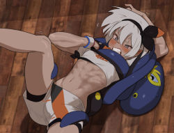 Rule 34 | 1girl, abs, arm up, bea (pokemon), bike shorts, black hairband, blush, bow hairband, clenched teeth, commentary, creatures (company), dynamax band, eyelashes, game freak, gen 8 pokemon, gloves, grapploct, grey eyes, grey hair, gym leader, hair between eyes, hairband, hong doo, leg up, lying, muscular, muscular female, navel, nintendo, no bodysuit, on back, on floor, pokemon, pokemon (creature), pokemon swsh, print shirt, print shorts, shirt, short hair, short sleeves, shorts, single glove, submission hold, sweatdrop, teeth, wooden floor, wrestling
