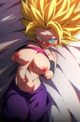 Rule 34 | 1girl, baggy pants, bare shoulders, blonde hair, blue eyes, breasts, caulifla, clothes lift, dragon ball, dragon ball super, large breasts, midriff, navel, on bed, pants, pink tube top, purple pants, rom (20), saiyan, shirt lift, solo, spiked hair, strapless, super saiyan, super saiyan 1, tube top