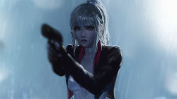 Rule 34 | 1girl, black gloves, blonde hair, blue eyes, blurry, blurry background, blurry foreground, breasts, choker, cleavage, cropped jacket, gloves, grey background, gun, hair between eyes, handgun, holding, holding gun, holding weapon, jacket, leotard, lips, long hair, looking at viewer, medium breasts, open clothes, open jacket, original, outdoors, pale skin, parted lips, ponytail, raikoart, rain, solo, strapless, strapless leotard, tess turner, upper body, weapon, wet, wet clothes, wet hair