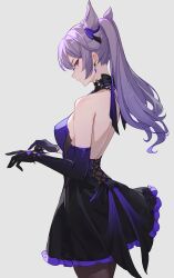 Rule 34 | 1girl, absurdres, back, bare shoulders, black dress, black gloves, brown pantyhose, commentary request, cone hair bun, double bun, dress, earrings, elbow gloves, genshin impact, gloves, grey background, hair bun, highres, jewelry, keqing (genshin impact), keqing (opulent splendor) (genshin impact), lance (lancelliu), long hair, looking at viewer, looking to the side, official alternate costume, pantyhose, pink eyes, profile, purple dress, purple hair, revision, simple background, solo, strapless, strapless dress, twintails, two-tone dress
