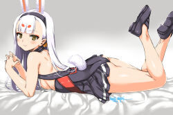 Rule 34 | 1girl, absurdres, animal ears, ass, azur lane, bare shoulders, black dress, black footwear, blush, breasts, brown eyes, dress, from side, grey background, hairband, highres, legs, legs up, long hair, looking at viewer, lying, on stomach, own hands together, rabbit ears, rabbit girl, rabbit tail, shimakaze (azur lane), shoes, short dress, sideboob, simple background, small breasts, smile, solo, swimsuit, swimsuit over clothes, tail, thighs, umyonge (lkakeu), very long hair, white hair