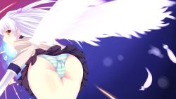 Rule 34 | 10s, 1girl, angel beats!, angel wings, ass, cameltoe, cowboy shot, dokuo, fat mons, highres, long hair, looking back, panties, purple hair, silver hair, solo, striped clothes, striped panties, sword, tenshi (angel beats!), underwear, wallpaper, weapon, wings, yellow eyes