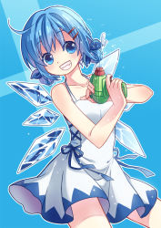 Rule 34 | 1girl, alternate color, alternate hairstyle, bare arms, blue eyes, blue hair, blush, cirno, collarbone, dress, grin, hair ornament, hair ribbon, hairclip, ice, ice wings, looking at viewer, matching hair/eyes, ribbon, sleeveless, sleeveless dress, smile, solo, touhou, twintails, water gun, white dress, wings, yui (daijun)