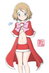 Rule 34 | 1girl, absurdres, alternate costume, blonde hair, blue eyes, blush, bow, breasts, capelet, christmas, cleavage, creatures (company), female focus, flying sweatdrops, fur trim, game freak, hair between eyes, hand up, highleg, highleg panties, highres, miniskirt, navel, nervous, nintendo, panties, pink bow, poke ball symbol, poke ball theme, pokemon, pokemon (anime), pokemon xy (anime), red panties, red skirt, serena (pokemon), short hair, simple background, skirt, small breasts, solo, standing, tax2rin, text focus, translated, underwear, watermark, white background