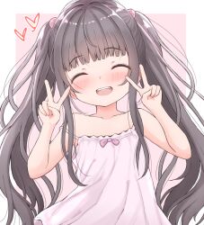 Rule 34 | 1girl, blush, brown hair, camisole, child, closed eyes, double v, hair bobbles, hair ornament, heart, long hair, matthew (yo matthew), open mouth, original, pink camisole, smile, solo, strap slip, twintails, upper body, v
