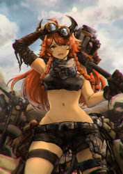 Rule 34 | 1girl, absurdres, ahoge, arknights, armpits, bandaged arm, bandages, bare shoulders, bikini, bikini top only, binoculars, black bikini, black gloves, black shorts, blue sky, braid, breasts, chromatic aberration, cloud, cloudy sky, commentary, cowboy shot, croissant (arknights), croissant (seeker) (arknights), crop top, day, desert, eyebrows hidden by hair, gloves, goggles, goggles around neck, groin, hammer, highres, holding, holding binoculars, holding hammer, horns, long hair, looking at viewer, midriff, motor vehicle, motorcycle, navel, official alternate costume, open mouth, orange hair, outdoors, scarf, short shorts, shorts, side braid, sidelocks, sky, solo, standing, swimsuit, teeth, thigh strap, vyragami, yellow eyes