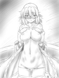 Rule 34 | 1girl, arm warmers, blush, breasts squeezed together, breasts, cleavage, clothes pull, ear blush, frown, greyscale, large breasts, mizuhashi parsee, monochrome, navel, nipples, off shoulder, ootsuki wataru, panties, panty pull, pointy ears, short hair, skirt, skirt pull, solo, touhou, underwear