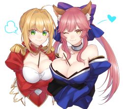 Rule 34 | &gt;:), 10s, 2girls, ;), ;3, ahoge, animal ears, bare shoulders, blonde hair, blue ribbon, breast hold, breast press, breasts, bursting breasts, cleavage, cleavage cutout, clothing cutout, crossed arms, detached collar, dress, epaulettes, fate/extra, fate/extra ccc, fate/grand order, fate (series), female focus, food, formal, fox ears, green eyes, hair ribbon, heart, japanese clothes, juliet sleeves, kan&#039;yu (citron 82), kimono, large breasts, long hair, long sleeves, looking at viewer, multiple girls, neck, nero claudius (fate), nero claudius (fate) (all), nero claudius (fate/extra), one eye closed, pink hair, pocky, puffy long sleeves, puffy sleeves, red dress, ribbon, short hair, sidelocks, simple background, smile, strapless, take your pick, tamamo (fate), tamamo no mae (fate/extra), twintails, type-moon, upper body, v-shaped eyebrows, white background, wink, yellow eyes