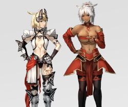 Rule 34 | 2girls, absurdres, animal ears, armlet, armor, armored boots, asymmetrical gloves, bandeau, bare shoulders, bikini, bikini armor, black thighhighs, blonde hair, blue eyes, body markings, boots, braid, breasts, caenis (fate), caenis (fate) (cosplay), cleavage, collarbone, commentary request, cosplay, costume switch, cowboy shot, dark-skinned female, dark skin, detached sleeves, elbow gloves, fake animal ears, fate/apocrypha, fate/grand order, fate (series), faulds, gauntlets, gloves, green eyes, hair between eyes, hair intakes, hairband, hand on own hip, hands on own hips, headgear, highres, large breasts, long hair, looking at another, mordred (fate), mordred (fate/apocrypha), mordred (fate/apocrypha) (cosplay), multiple girls, navel, parted bangs, parted lips, pelvic curtain, ponytail, red sleeves, scrunchie, shoulder armor, sidelocks, simple background, single gauntlet, single thighhigh, skindentation, small breasts, standing, stomach, swimsuit, tattoo, thighhighs, tonko from, torn clothes, torn thighhighs, trait connection, undersized clothes, waist cape, white bikini, white hair