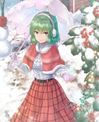 Rule 34 | 1girl, adapted costume, belt, brown hair, capelet, center frills, commentary request, day, earmuffs, frills, fur-trimmed capelet, fur trim, gloves, green hair, kazami yuuka, long sleeves, looking at viewer, medium hair, outdoors, parasol, pink gloves, red capelet, red skirt, shirt, skirt, smile, snow, snowflakes, snowman, solo, touhou, umbrella, white shirt, winter, y2