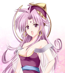Rule 34 | 1girl, :o, ahoge, bare shoulders, breasts, cape, celine jules, cleavage, earrings, facial mark, female focus, forehead mark, gradient background, halo, hat, jewelry, long hair, open mouth, parted bangs, purple eyes, purple hair, see-through, shizufa, solo, star ocean, star ocean the second story, witch