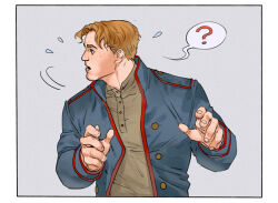 Rule 34 | 1boy, ?, blonde hair, blue jacket, flying sweatdrops, freckles, grey background, jacket, kaysd999, looking to the side, male focus, mir (comics), mir (mir), open mouth, parted bangs, profile, short hair, simple background, solo, speech bubble, spoken question mark, upper body