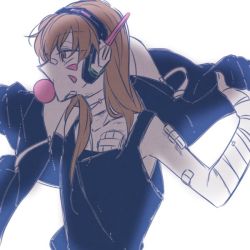 Rule 34 | 1girl, arm wrap, bad id, bad twitter id, bandaged neck, bandages, bandaid, bandaid on face, bandaid on nose, black jacket, black shirt, brown eyes, brown hair, blowing bubbles, chewing gum, collarbone, d.va (overwatch), eyebrows, facepaint, facial mark, headphones, holding, holding clothes, holding jacket, jacket, long hair, overwatch, overwatch 1, shirt, simple background, sleeveless, sleeveless shirt, solo, upper body, whisker markings, white background