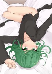 Rule 34 | 1girl, absurdres, arm up, bed sheet, black dress, blush, brown background, closed mouth, collarbone, collared dress, commentary request, dress, fingernails, green eyes, greyscale, highres, long sleeves, looking at viewer, lying, monochrome, on back, one-punch man, pelvic curtain, solo, tatsumaki, thighs, yakihebi