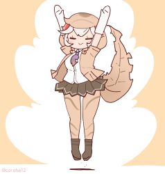 Rule 34 | 1girl, arms up, baweng satanic leaf gecko (kemono friends), brown background, closed eyes, coroha, elbow gloves, full body, gloves, grey hair, hood, jacket, jumping, kemono friends, kemono friends 3, looking at viewer, pantyhose, shirt, shoes, short hair, simple background, skirt, solo, tail