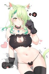 Rule 34 | 1girl, absurdres, alternate costume, animal collar, animal ears, animal hands, animal print, antlers, arm support, black bra, black gloves, black panties, black thighhighs, blush, bra, breasts, cat bra, cat ears, cat girl, cat lingerie, cat panties, cat print, cat tail, ceres fauna, cleavage, cleavage cutout, clothing cutout, collar, commentary, english commentary, flower, frown, gloves, gluteal fold, green hair, green tail, hair flower, hair ornament, heart, highres, hololive, hololive english, horns, kasagi uwu, long hair, looking at viewer, medium breasts, meme attire, mole, mole under eye, navel, panties, paw gloves, paw pose, print panties, shadow, side-tie panties, simple background, solo, strap slip, string panties, tail, thigh gap, thighhighs, thong, underwear, virtual youtuber, white background, yellow eyes