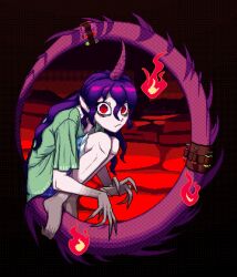 Rule 34 | 1girl, absurdres, claws, closed mouth, clothes writing, commentary, english commentary, fire, full body, goshatkach, green shirt, hair between eyes, highres, horns, long hair, looking at viewer, pixel art, pointy ears, purple hair, red eyes, shirt, short sleeves, single horn, solo, syringe, tail, tenkajin chiyari, touhou