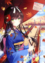Rule 34 | 1girl, absurdres, architecture, artist name, autumn, autumn leaves, blue kimono, blue sky, blush, bow, bridge, brown hair, closed mouth, cloud, cloudy sky, day, dengeki moeou, east asian architecture, falling leaves, floating hair, flower, ginkgo leaf, green eyes, hair bow, hair flower, hair ornament, han&#039;eri, highres, holding, holding umbrella, japanese clothes, kanzashi, kimono, leaf, leaf print, light particles, long hair, long sleeves, looking at viewer, nail polish, necomi, obi, obiage, obidome, obijime, oil-paper umbrella, original, outdoors, parasol, red umbrella, reflection, river, sash, sky, smile, solo, standing, swept bangs, translation request, tree, umbrella, upper body, very long hair, water, white bow, wide sleeves