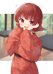 Rule 34 | +++, 1girl, :d, binsen, blush, hands up, highres, idolmaster, idolmaster million live!, japanese clothes, kimono, long sleeves, nonohara akane, open mouth, red eyes, red hair, red kimono, short hair, sleeves past fingers, sleeves past wrists, smile, solo