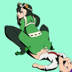 Rule 34 | 1boy, 1girl, animated, animated gif, ass shake, asui tsuyu, black hair, boku no hero academia, cum, girl on top, green eyes, grin, lowres, mineta minoru, purple hair, reverse cowgirl position, sex, sex from behind, sexually suggestive, smile, straddling, tagme, tongue, tongue out