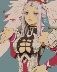 Rule 34 | 1girl, armor, blowing kiss, breasts, cleavage cutout, clothing cutout, detached sleeves, grey background, grey eyes, hand on own hip, head wings, heart, lips, lorithia (xenoblade), medium breasts, mole, mole under eye, nintendo, silver hair, solo, wings, xenoblade chronicles (series), xenoblade chronicles 1, yamamori kinako