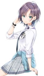Rule 34 | 1girl, ahoge, asakura toru, black necktie, blue nails, blue sweater, blush, bracelet, breast pocket, brown hair, closed mouth, clothes around waist, collared shirt, earrings, green eyes, grey skirt, hair intakes, hand in own hair, highres, idolmaster, idolmaster shiny colors, invisible chair, jewelry, looking at viewer, miniskirt, myusha, nail polish, necktie, pen in pocket, plaid, plaid skirt, pleated skirt, pocket, school uniform, shirt, short hair, simple background, sitting, skirt, smile, solo, sweater, sweater around waist, white background, white shirt, wing collar