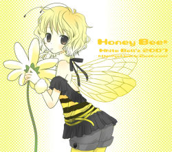 Rule 34 | 1girl, arthropod girl, bee girl, blonde hair, brown eyes, cowboy shot, insect girl, insect wings, looking at viewer, monster girl, original, shima yukiwa, short hair, simple background, solo, standing, text focus, wings, yellow background, yellow theme