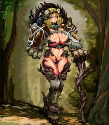 Rule 34 | 1girl, animal ears, animal hands, blonde hair, breasts, cane, chest belt, chimera (monster girl encyclopedia), cleavage, commentary request, full body, headgear, highres, holding, hooves, huge breasts, jewelry, medium hair, monster girl, monster girl encyclopedia, nature, navel, necklace, plant, solo, standing, stomach, thighs, udetamago, vines, yellow eyes