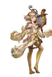 Rule 34 | 10s, 1girl, ass, bare shoulders, blonde hair, brown eyes, capelet, djeeta (granblue fantasy), dress, full body, granblue fantasy, harp, harpist (granblue fantasy), holding, instrument, jewelry, looking at viewer, looking back, minaba hideo, official art, open mouth, simple background, skin tight, solo, tiara, transparent background
