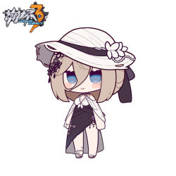 Rule 34 | 1girl, aponia (honkai impact), bare shoulders, black choker, black dress, blush stickers, breasts, brown hair, chibi, choker, cleavage, closed mouth, commentary request, copyright name, dress, eta, eyebrows hidden by hair, flower, full body, hair between eyes, hat, hat flower, honkai (series), honkai impact 3rd, long hair, long sleeves, looking at viewer, medium breasts, mole, mole under eye, sandals, simple background, smile, solo, standing, white background, white flower, white footwear, white hat
