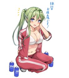 Rule 34 | 1girl, :d, adjusting hair, alternate costume, alternate hairstyle, amagi (amagi626), arm behind back, belly, blue eyes, blush, bottle, bra, breasts, cleavage, commentary request, contemporary, eyelashes, frog hair ornament, full body, green hair, hair between eyes, hair ornament, hairclip, hand in own hair, highres, jacket, kochiya sanae, large breasts, long hair, looking at viewer, navel, notice lines, open clothes, open jacket, open mouth, pants, ponytail, red jacket, red pants, short sleeves, sidelocks, simple background, smile, solo, squatting, stomach, striped clothes, striped jacket, striped pants, sweatdrop, touhou, track jacket, track pants, translated, underwear, water bottle, white background, white bra, wing collar, zipper