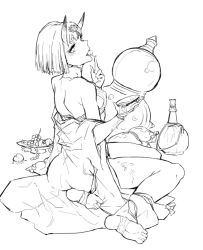 Rule 34 | 1girl, alcohol, ankle ribbon, asakawa (outeq), bare shoulders, barefoot, barefoot sandals (jewelry), blunt bangs, blush, cup, eating, fate/grand order, fate (series), food, from behind, fruit, full body, gourd, grapes, greyscale, head tilt, horns, japanese clothes, jug (bottle), leg ribbon, liquor, looking at viewer, looking back, monochrome, off shoulder, ribbon, sakazuki, short hair, shuten douji (fate), shuten douji (first ascension) (fate), simple background, sitting, soles, solo, white background, yokozuwari