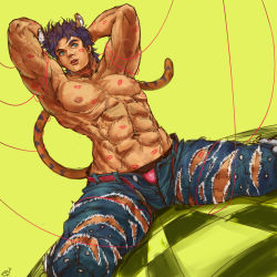 Rule 34 | 1boy, abs, animal ears, arms behind head, bad id, bad pixiv id, bara, belt, blue eyes, bteele, jojo no kimyou na bouken, jonathan joestar, lipstick mark, male focus, manly, muscular, open belt, pants, purple hair, solo, string, string of fate, tail, tiger ears, tiger tail, torn clothes, torn pants