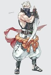 Rule 34 | 1boy, bare shoulders, belt, belt buckle, blade, buckle, chipp zanuff, grey background, grey hair, guilty gear, guilty gear strive, hand gesture, highres, male focus, muscular, red eyes, simple background, solo, standing, sumi (penon62), tight clothes, twitter username, weapon