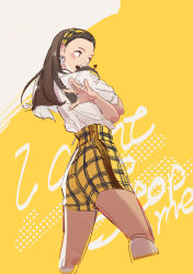 Rule 34 | 1girl, absurdres, black hair, blush, brown eyes, brown hair, collared shirt, earrings, from side, hair behind ear, hairband, high-waist shorts, highres, jewelry, k-pop, looking to the side, nayeon (twice), open hand, plaid, plaid shorts, real life, shirt, shorts, sketch, solo, tazoo (yuicc930), twice (group), white shirt, yellow background, yellow hairband