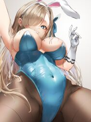 Rule 34 | absurdres, animal ears, aqua leotard, asuna (blue archive), asuna (bunny) (blue archive), asymmetrical bangs, blue archive, blue bow, blue bowtie, blue eyes, blue leotard, bow, bowtie, breasts, cleavage, covered navel, detached collar, elbow gloves, fake animal ears, from below, gloves, hair over one eye, halo, highleg, highleg leotard, highres, large breasts, leotard, light brown hair, looking at viewer, looking down, malimo malimo, mole, mole on breast, official alternate costume, pantyhose, playboy bunny, rabbit ears, smile, strapless, strapless leotard, teeth, thighband pantyhose, thighs, traditional bowtie, v