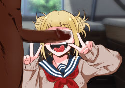 Rule 34 | 1boy, 1girl, artist request, blonde hair, boku no hero academia, censored, dark skin, double v, erection, fangs, highres, interracial, long hair, nude, open mouth, penis, penis on face, penis over eyes, school uniform, serafuku, toga himiko, tongue, tongue out, v