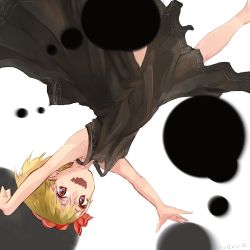 Rule 34 | 1girl, alternate costume, armpits, arms up, artist name, black dress, blonde hair, bow, darkness, dress, fangs, flat chest, hair bow, highres, legs, looking at viewer, nuqura, open mouth, pink eyes, rumia, sharp teeth, short hair, sleeveless, sleeveless dress, smile, solo, teeth, touhou, upside-down, white background