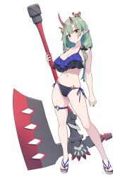 Rule 34 | 1girl, absurdres, akari (baffu), asymmetrical horns, axe, baffu, battle axe, bikini, black bikini, blue bikini, breasts, cleavage, commentary request, contrapposto, crab on head, dot mouth, expressionless, flip-flops, frilled bikini, frills, full body, green hair, hair ornament, hair over shoulder, highres, holding, holding axe, horns, large breasts, legs apart, long hair, looking at viewer, nail polish, navel, oni, oni horns, original, paid reward available, pointy ears, red eyes, red nails, sandals, simple background, solo, standing, swimsuit, thigh strap, toenail polish, toenails, two-tone bikini, uneven horns, weapon, white background