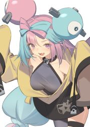 Rule 34 | 1girl, :d, bare shoulders, blue hair, bow-shaped hair, breasts, commentary request, creatures (company), game freak, grey shirt, hair between eyes, hands up, iono (pokemon), jacket, kildir, long sleeves, looking at viewer, multicolored hair, nintendo, open mouth, pink hair, pokemon, pokemon sv, purple eyes, sharp teeth, shirt, simple background, sleeveless, sleeveless shirt, sleeves past fingers, sleeves past wrists, small breasts, smile, solo, teeth, thick eyebrows, two-tone hair, white background, yellow jacket