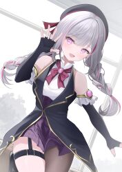 Rule 34 | 1girl, beret, black gloves, black hat, black pantyhose, braid, commentary, commission, elbow gloves, fingerless gloves, gloves, grey hair, hat, highres, hiiragi naori, indie virtual youtuber, kurage cc, multicolored hair, open mouth, pantyhose, pink eyes, pink gemstone, purple skirt, single leg pantyhose, skeb commission, skirt, smile, solo, streaked hair, symbol-only commentary, thigh strap, twin braids, virtual youtuber