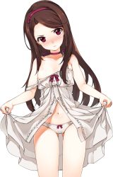Rule 34 | 1girl, bad id, bad twitter id, blush, bow, bow panties, breasts, brown hair, cameltoe, choker, clothes lift, dress, dress lift, gluteal fold, hairband, highres, idolmaster, idolmaster (classic), long hair, looking at viewer, minase iori, navel, panties, purple eyes, simple background, small breasts, solo, strap slip, tama (tamatamo), tears, underwear, white background, white legwear