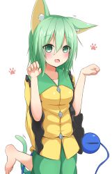 Rule 34 | 1girl, animal ear fluff, animal ears, barefoot, blush, buttons, cat ears, cat tail, commentary request, diamond button, eyeball, fang, frilled shirt collar, frilled sleeves, frills, green eyes, green hair, green skirt, highres, kemonomimi mode, komeiji koishi, leg up, long hair, long sleeves, looking at viewer, no headwear, open mouth, paw pose, paw print, paw print background, shirt, siw0n, skirt, smile, solo, tail, third eye, touhou, wide sleeves, yellow shirt