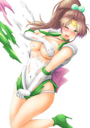 Rule 34 | 1girl, bishoujo senshi sailor moon, blush, boots, bow, breasts, brown hair, covering privates, covering breasts, elbow gloves, embarrassed, exploding clothes, gloves, green eyes, green footwear, hair bow, high heel boots, high heels, highleg, inner senshi, kino makoto, leg up, long hair, looking to the side, microskirt, navel, nokishita kumoemon, one eye closed, open mouth, pink bow, ponytail, sailor jupiter, school uniform, serafuku, short sleeves, skirt, skirt hold, solo, standing, standing on one leg, super sailor jupiter, tearing clothes, tiara, torn clothes, white gloves, wince