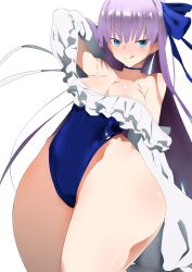 Rule 34 | 1girl, :q, alternate breast size, arm behind head, blue eyes, blush, breasts, choker, cleavage, fate/grand order, fate (series), frills, furau, groin, hair ribbon, highres, long hair, looking at viewer, medium breasts, meltryllis, meltryllis (fate), meltryllis (swimsuit lancer) (fate), meltryllis (swimsuit lancer) (second ascension) (fate), purple hair, ribbon, smile, solo, thighs, tongue, tongue out, very long hair, wide hips