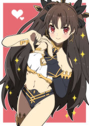 Rule 34 | 1girl, absurdres, ahoge, bare shoulders, black bow, bow, breasts, brown hair, cleavage, commission, cowboy shot, earrings, elbow gloves, fate/grand order, fate (series), fingerless gloves, fingernails, gloves, hair bow, hair ornament, heart, heart hands, highres, ishtar (fate), jewelry, light blush, long hair, long sleeves, looking at viewer, medium breasts, navel, outline, red background, red eyes, revealing clothes, simple background, single elbow glove, skeb commission, smile, solo, sparkle, thighs, very long hair, yoriteruru