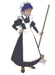 Rule 34 | 1boy, alternate costume, apron, bad id, bad twitter id, black dress, broom, brown footwear, buttons, closed mouth, commentary request, creatures (company), crossdressing, dark-skinned male, dark skin, dress, full body, game freak, highres, holding, holding broom, hop (pokemon), long sleeves, looking at viewer, maid, male focus, nintendo, pokemon, pokemon swsh, purple hair, sankaku, shoes, short hair, solo, victorian maid, waist apron, white apron